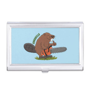 Funny beaver with chainsaw cartoon humor business card case
