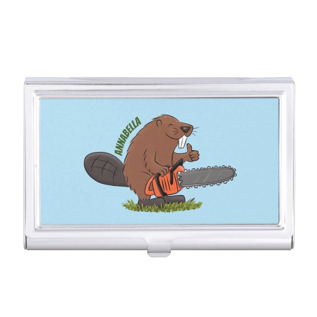 Funny beaver with chainsaw cartoon humor business card case (Front)