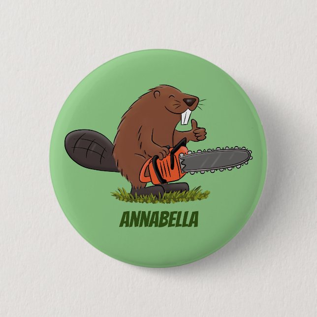 Funny beaver with chainsaw cartoon humor button (Front)