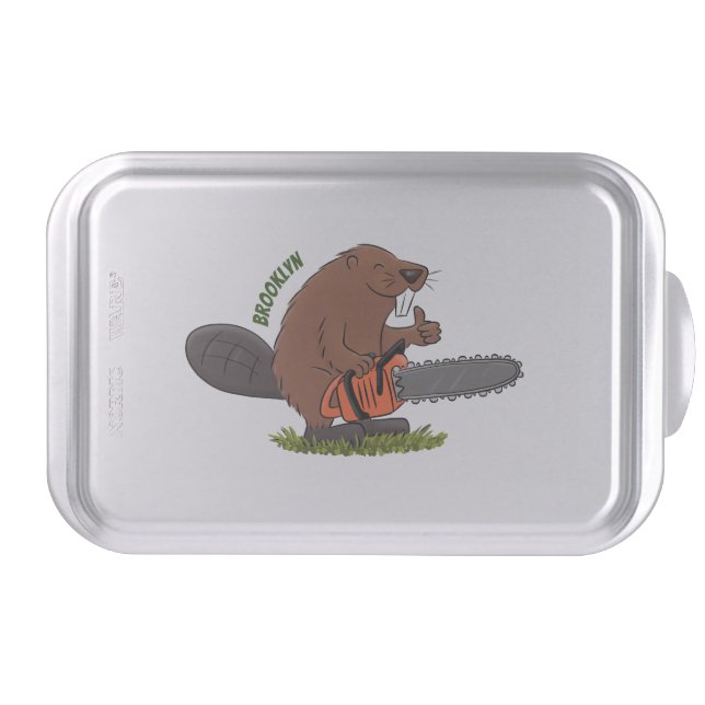 Funny beaver with chainsaw cartoon humor cake pan (Front)