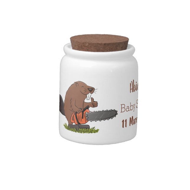 Funny beaver with chainsaw cartoon humor candy jar (Left)