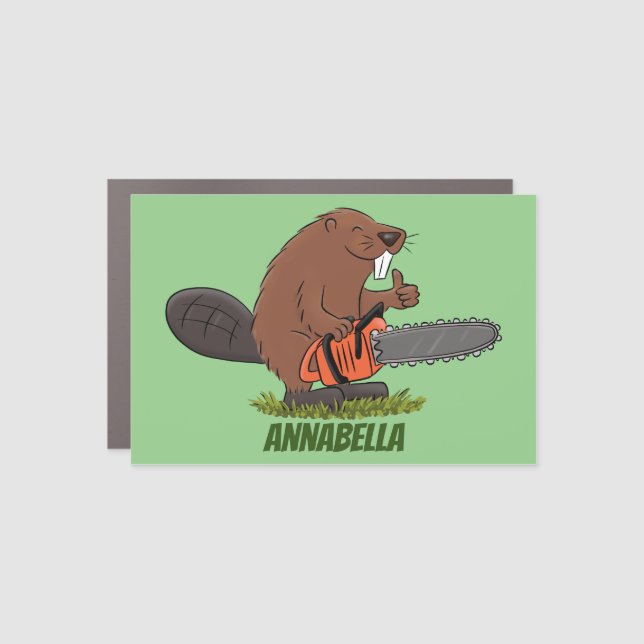 Funny beaver with chainsaw cartoon humor car magnet (Front)