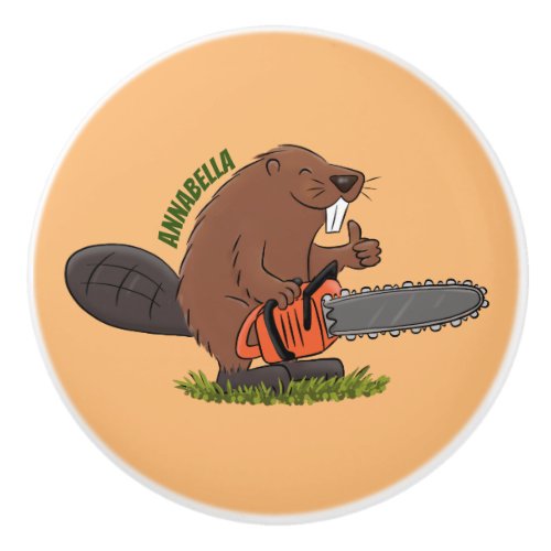 Funny beaver with chainsaw cartoon humor ceramic knob