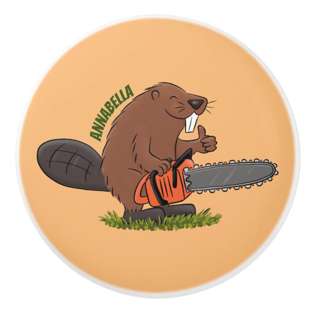 Funny beaver with chainsaw cartoon humor ceramic knob (Front)