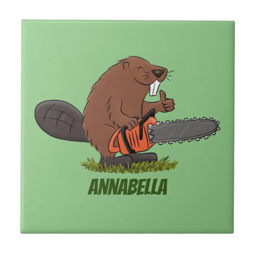 Funny beaver with chainsaw cartoon humor ceramic tile