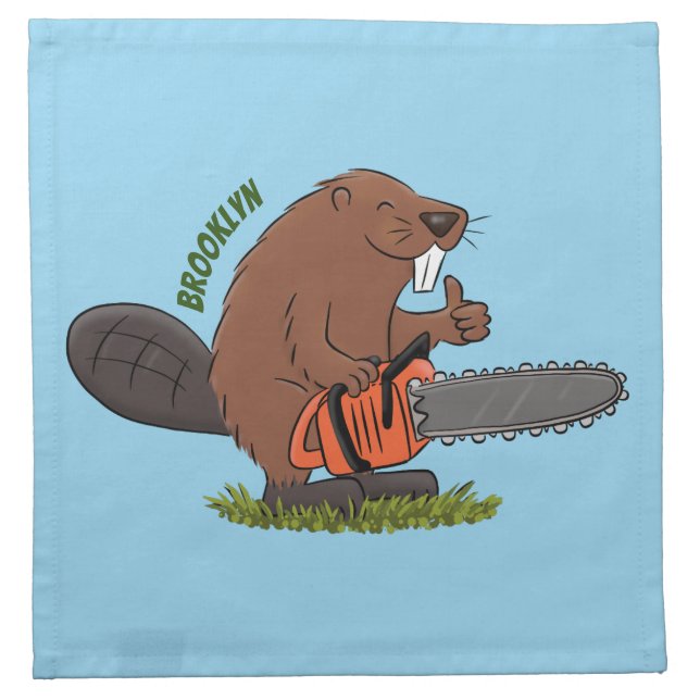 Funny beaver with chainsaw cartoon humor cloth napkin (Front)
