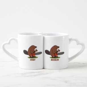 Funny beaver with chainsaw cartoon humor coffee mug set