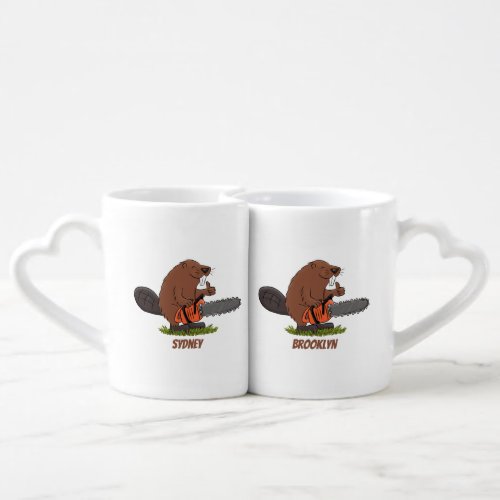 Funny beaver with chainsaw cartoon humor coffee mug set