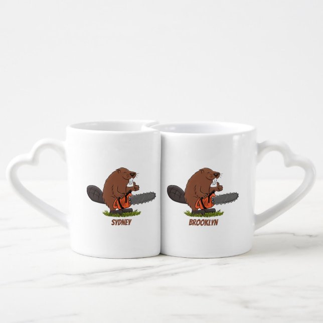 Funny beaver with chainsaw cartoon humor coffee mug set (Back Nesting)