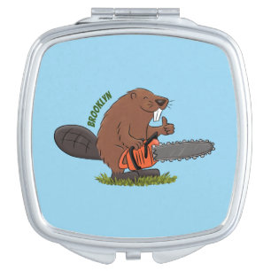 Funny beaver with chainsaw cartoon humor compact mirror