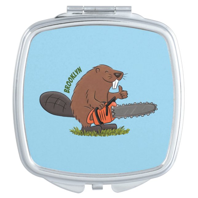 Funny beaver with chainsaw cartoon humor compact mirror (Front)
