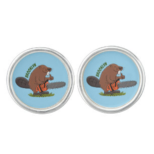 Funny beaver with chainsaw cartoon humor cufflinks