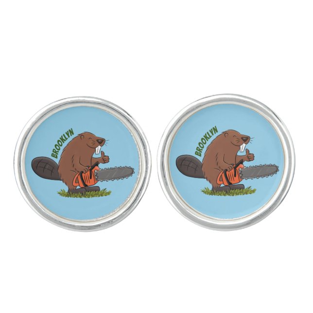 Funny beaver with chainsaw cartoon humor cufflinks (Front)