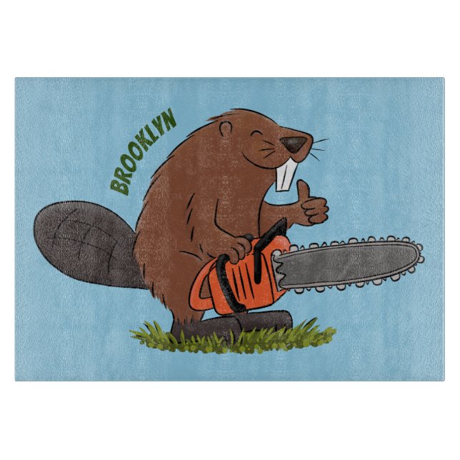 Funny beaver with chainsaw cartoon humor cutting board (Front)