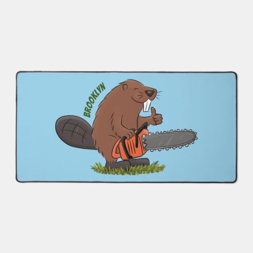 Funny beaver with chainsaw cartoon humor desk mat