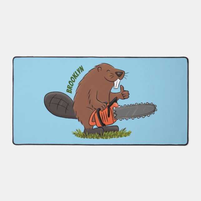 Funny beaver with chainsaw cartoon humor desk mat (Front)