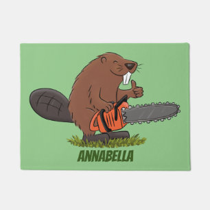 Funny beaver with chainsaw cartoon humor doormat