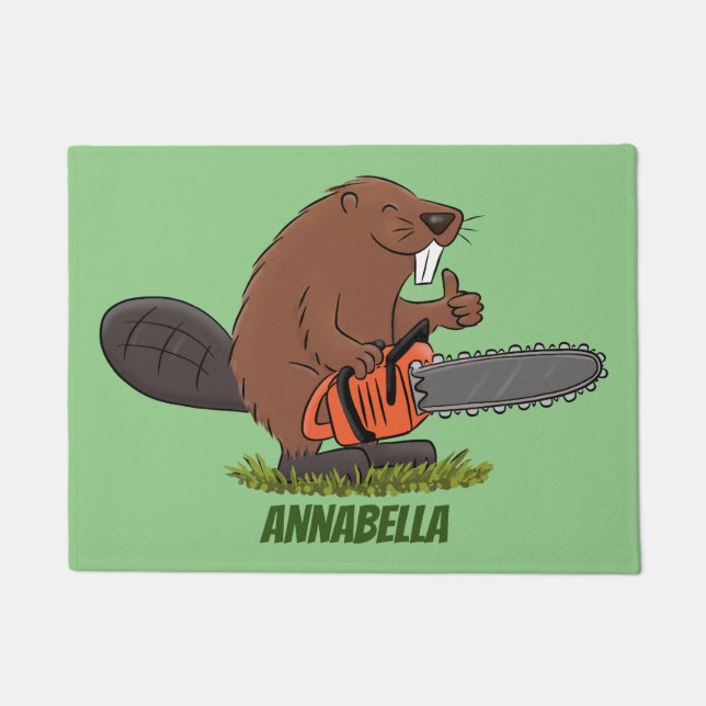 Funny beaver with chainsaw cartoon humor doormat (Front)