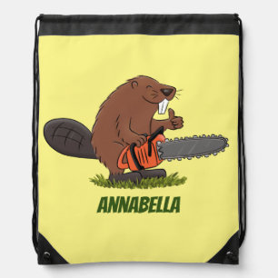 Funny beaver with chainsaw cartoon humor drawstring bag