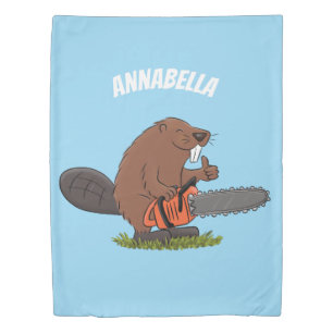 Funny beaver with chainsaw cartoon humor duvet cover