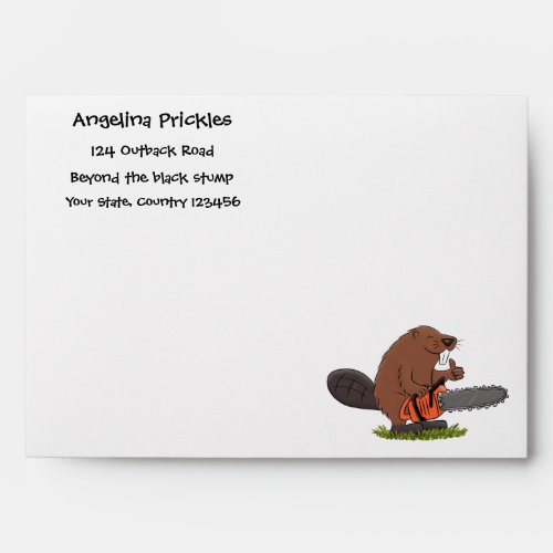 Funny beaver with chainsaw cartoon humor envelope