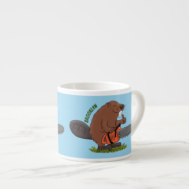 Funny beaver with chainsaw cartoon humor espresso cup (Front Right)