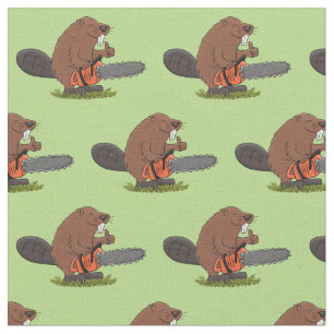 Funny beaver with chainsaw cartoon humor fabric