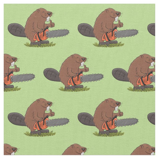 Funny beaver with chainsaw cartoon humor fabric (Close Up)