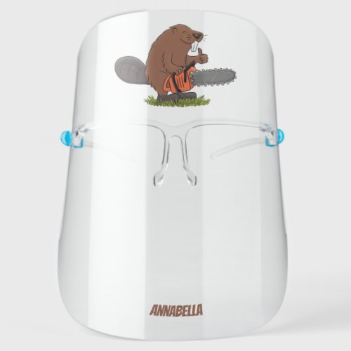 Funny beaver with chainsaw cartoon humor  face shield