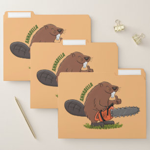 Funny beaver with chainsaw cartoon humor file folder