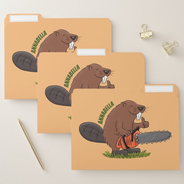 Funny beaver with chainsaw cartoon humor file folder (Set)