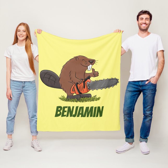 Funny beaver with chainsaw cartoon humor fleece blanket (In Situ)