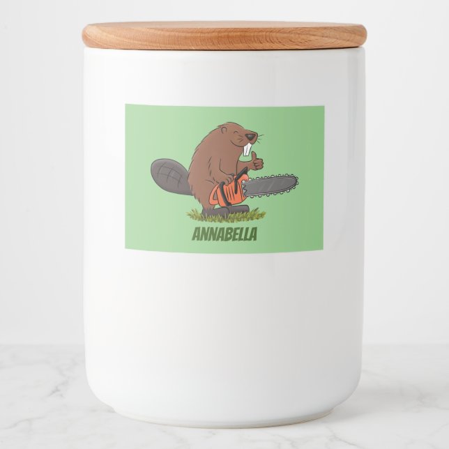 Funny beaver with chainsaw cartoon humor food label (Front)