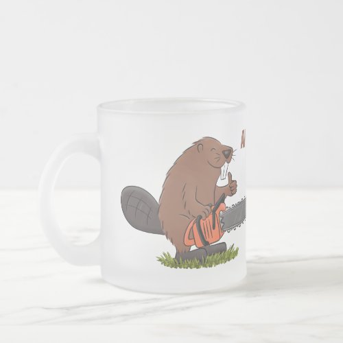 Funny beaver with chainsaw cartoon humor frosted glass coffee mug