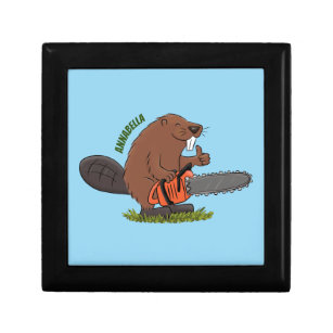 Funny beaver with chainsaw cartoon humor gift box
