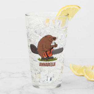 Funny beaver with chainsaw cartoon humor glass