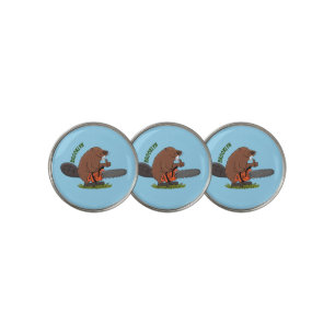 Funny beaver with chainsaw cartoon humor golf ball marker