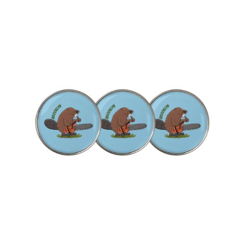 Funny beaver with chainsaw cartoon humor golf ball marker