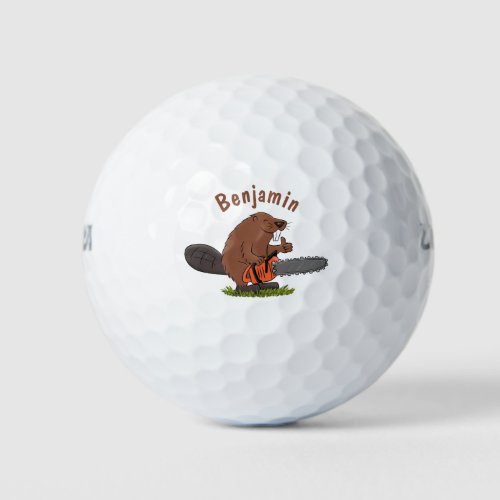 Funny beaver with chainsaw cartoon humor golf balls