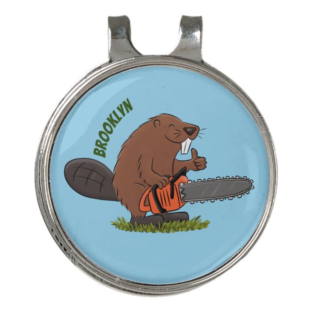 Funny beaver with chainsaw cartoon humor golf hat clip (Front)