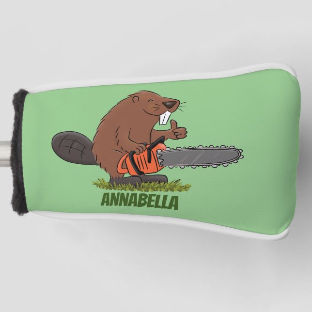 Funny beaver with chainsaw cartoon humor golf head cover (Front)