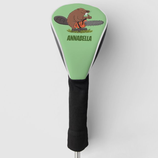 Funny beaver with chainsaw cartoon humor golf head cover (Front)