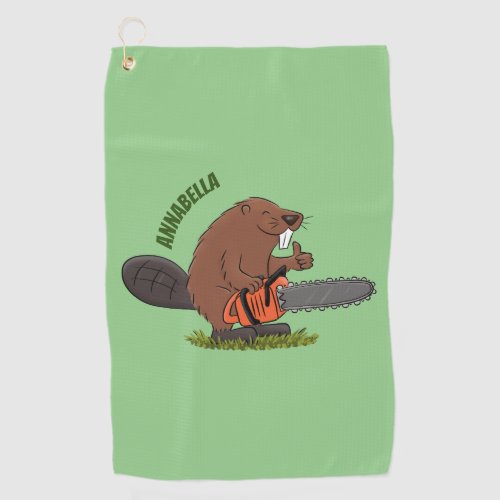 Funny beaver with chainsaw cartoon humor  golf towel