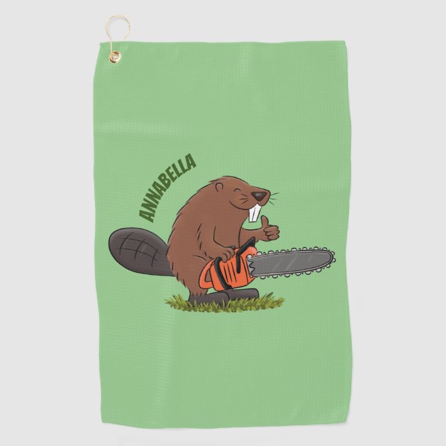 Funny beaver with chainsaw cartoon humor  golf towel (Front)
