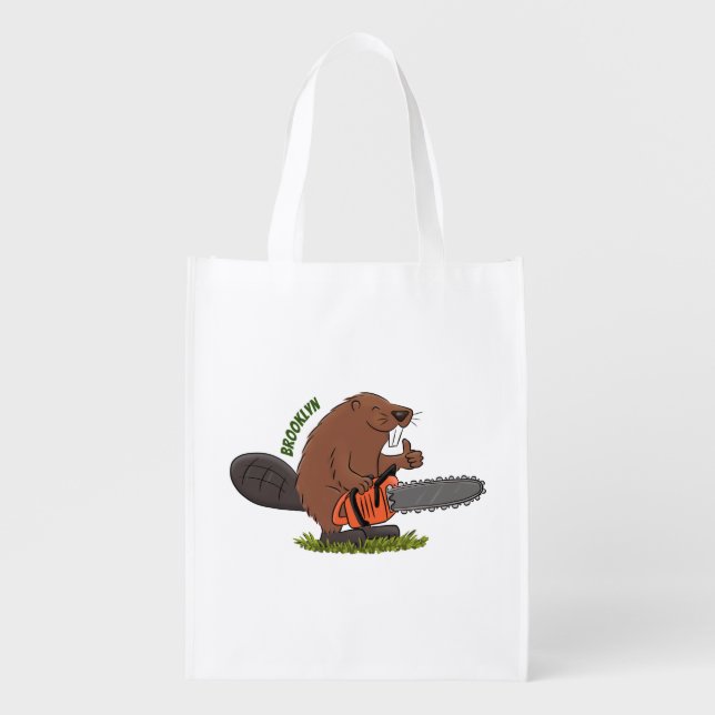 Funny beaver with chainsaw cartoon humor grocery bag (Front)
