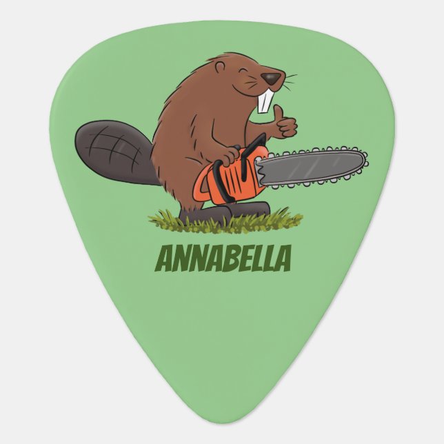 Funny beaver with chainsaw cartoon humor guitar pick (Front)