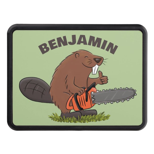Funny beaver with chainsaw cartoon humor hitch cover (Front)