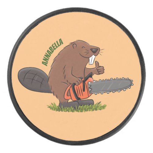 Funny beaver with chainsaw cartoon humor hockey puck