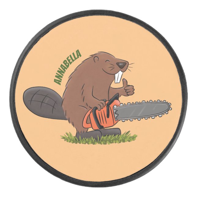 Funny beaver with chainsaw cartoon humor hockey puck (Front)
