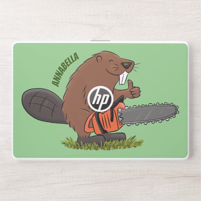Funny beaver with chainsaw cartoon humor HP laptop skin (Front)